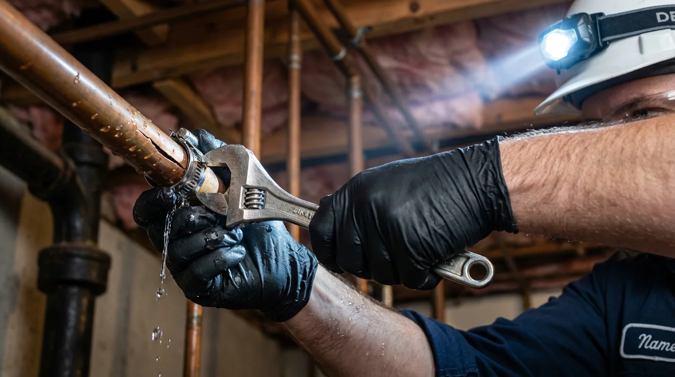 Emergency pipe clamp repair being performed by a Johns Plumbing LLC plumber in Scottsboro