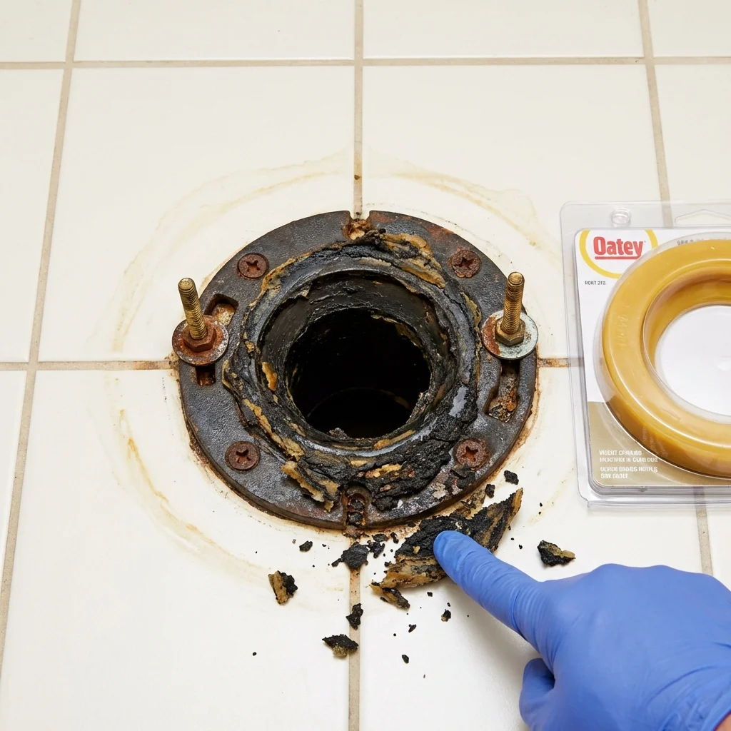 Failed wax ring showing water seepage at the base of a toilet in a Scottsboro, AL home