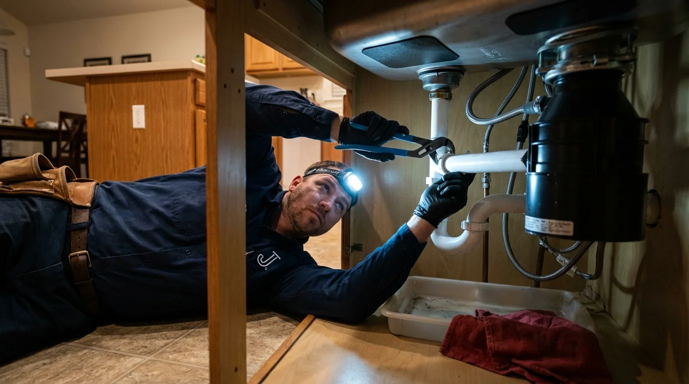 P-trap and supply line connections under a kitchen sink showing a common leak point in Scottsboro, AL